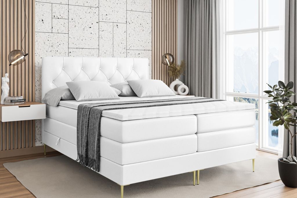 ALTDECOR Boxspringbett mit Gold Füßen, Matratze und Lattenrost, Topper, Polsterbett mit Bettkasten, Bett mit Stauraum H3- und H4- Matratze, Doppe...