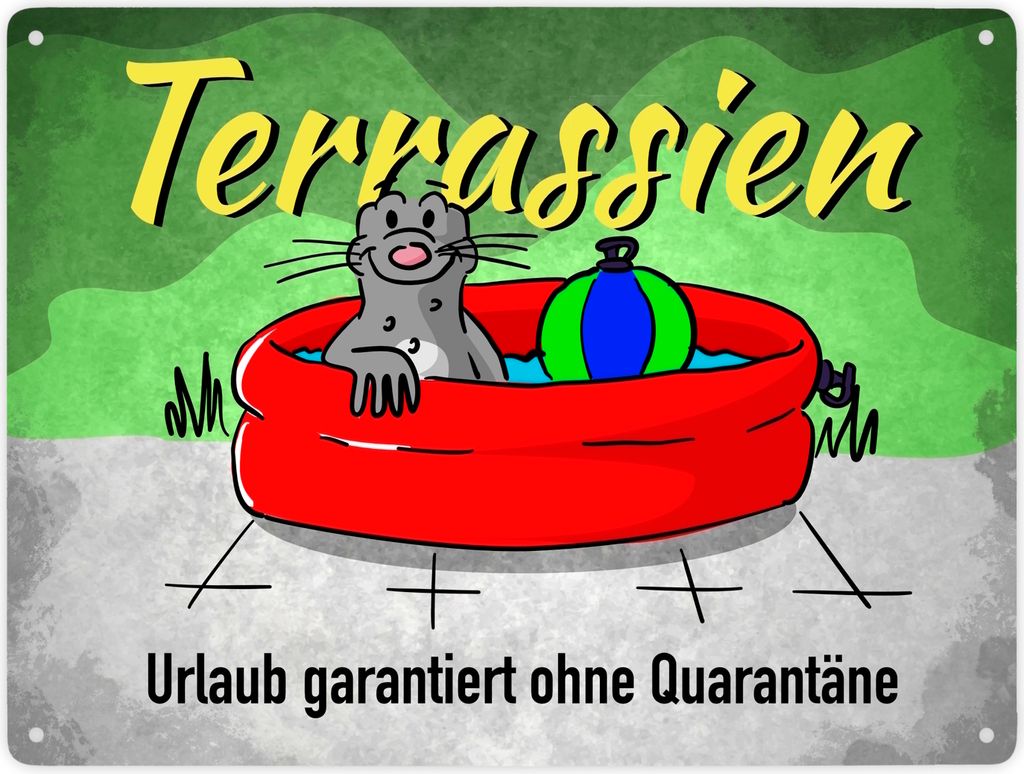 Terrassien Metallschild XXL in 28x38 cm mit Seeleopard auf der Terrasse