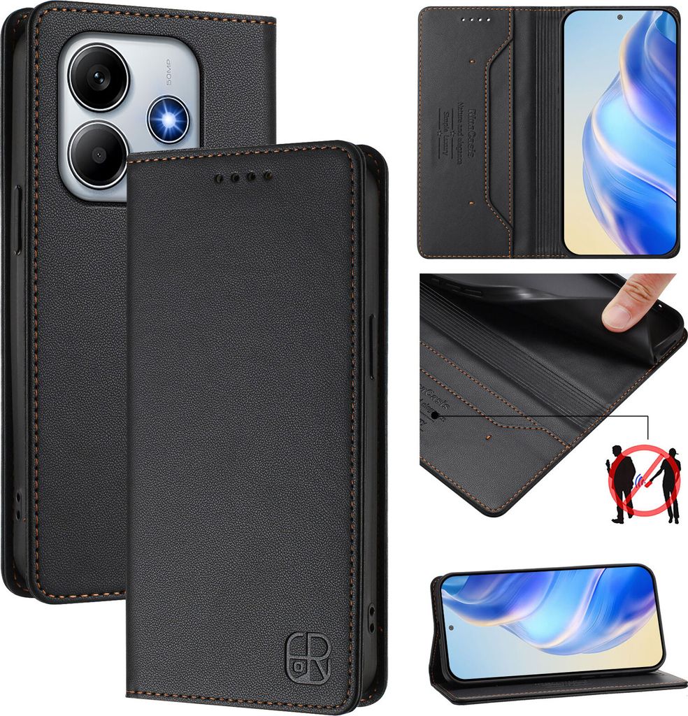 Lederhülle für Xiaomi Redmi Note 14 4G Hülle Flip Brieftasche Kartenfächern Ständer Schutzhülle Schwarz