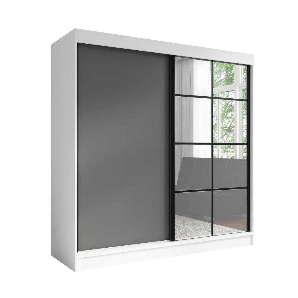 TINA 200 cm Weiß , Graphit , 2-türiger Kleiderschrank mit Spiegel, Funktionalität und Eleganz!