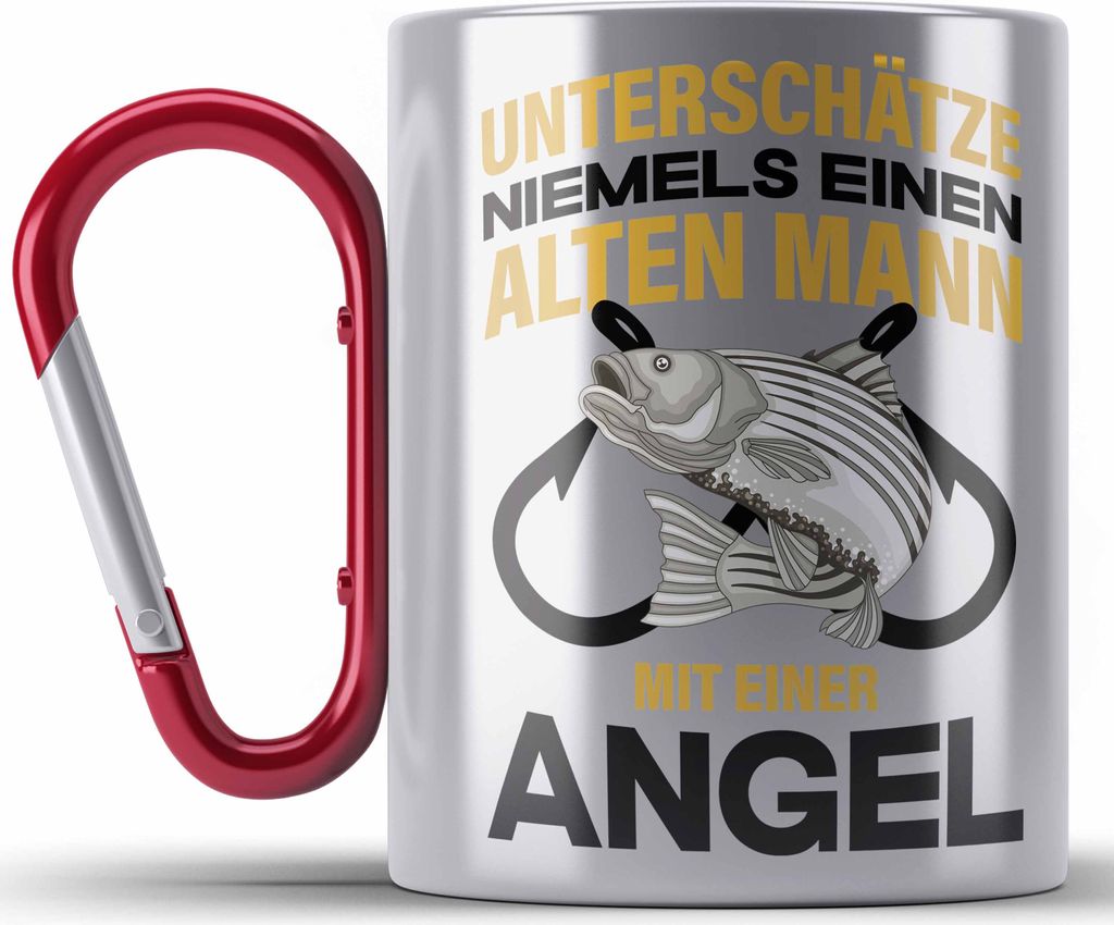Trendation - Angler Edelstahl Tasse Karabiner Geschenk Männer Sprüche Lustig für Fischer Geschenkidee Angeln Becher (Rot)