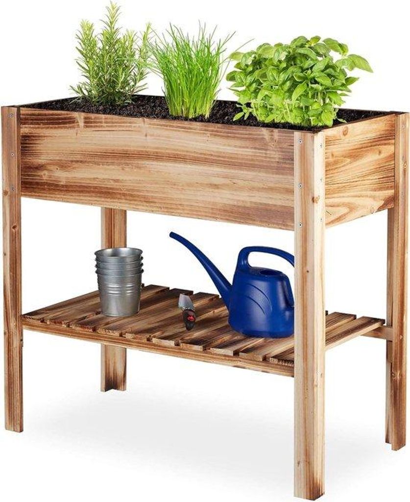 Holzgartenbeeteinheit mit Lagerraum für Terrasse oder Gartengelände HBD: 80 x 88 x 43,5 cm rustfarben.