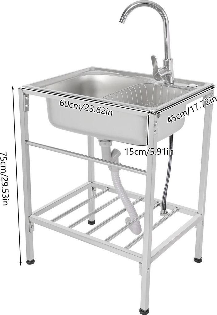 Küchenspüle - Freistehende Outdoor-Arbeitsplatte mit Einzelbecken - Edelstahl 304 - 360° drehbare Armatur - Rechteckige Unterbau-Spüle - Silber
