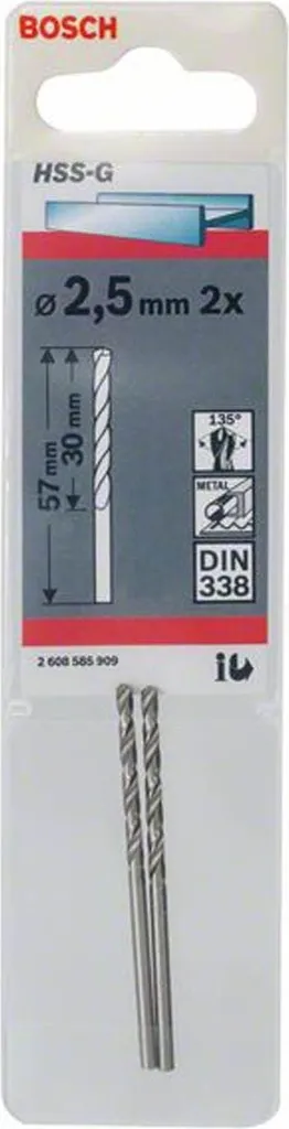 Set 2 Punte Elicoidali HSS-G 2.5mm DIN 338 per Acciaio e Ghisa