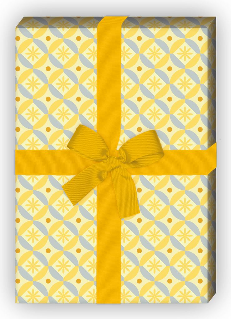 Vintage Stern Geschenkpapier Set, Dekorpapier mit Retro Kreisen, gelb - G8604, 32 x 48cm