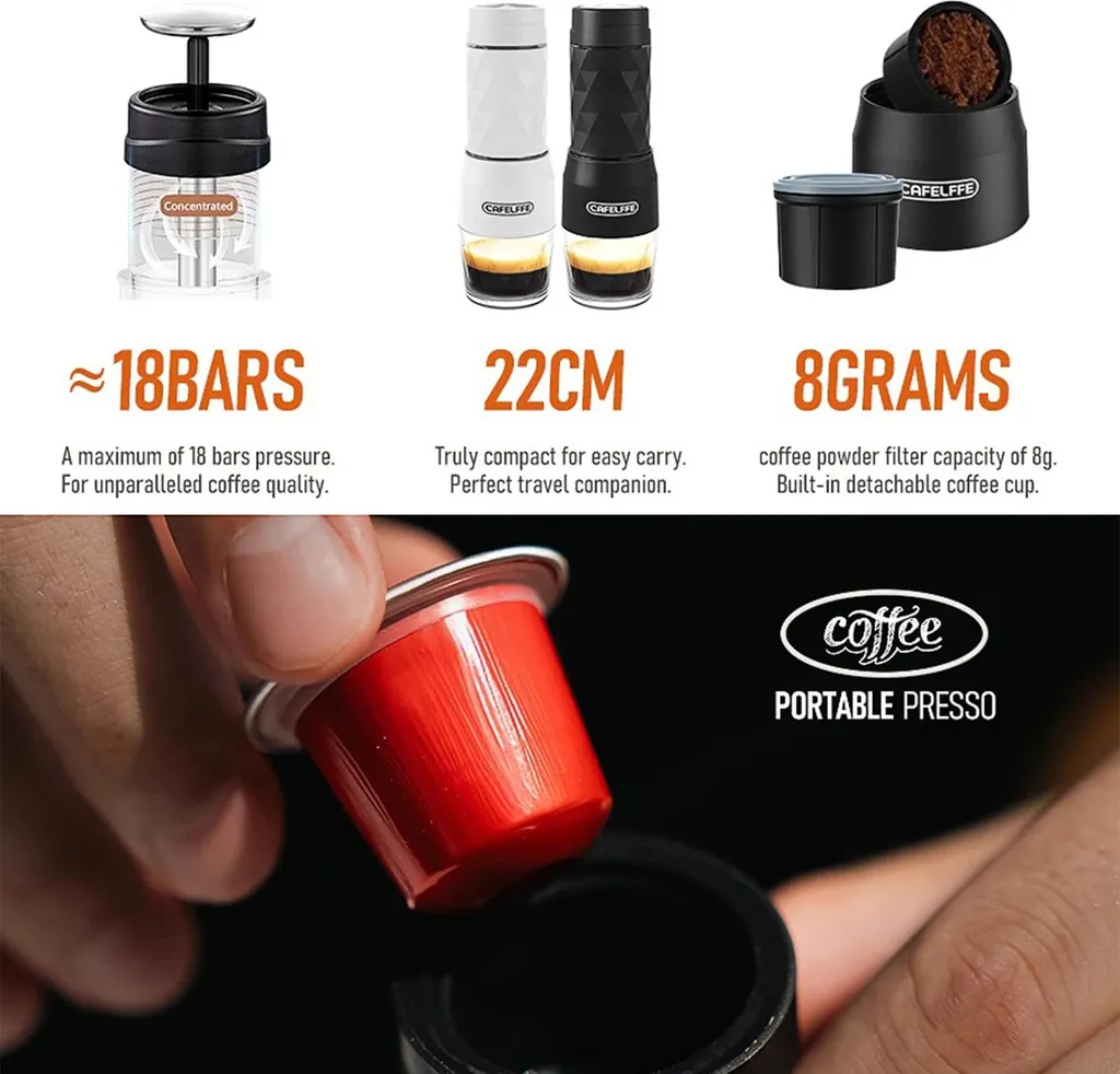 Mini Machine à Café Portable 3-en-1 Compatible Capsules et Café Moulu
