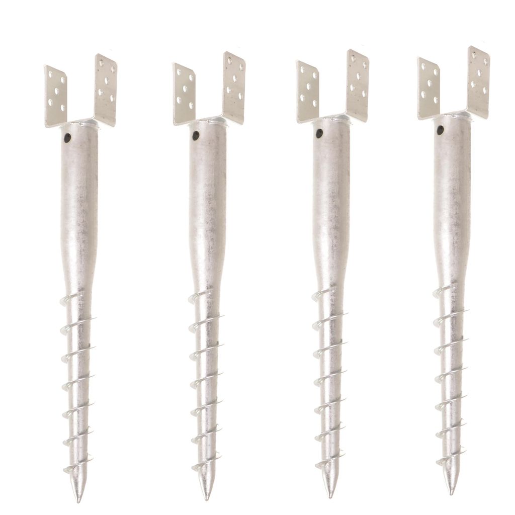 Four metal screw-in post anchors are arranged in a row against a white background.
