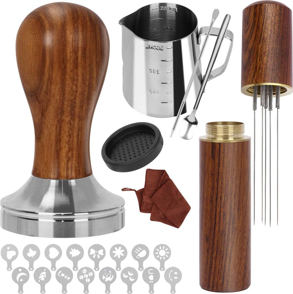 Kaffee Tamper 51mm, Espresso Tamper Set 8pcs, Barista Set mit Aufsch?umkrug, Tamper Matte, Latte Art Stift, Kaffee-Rš¹hrer, Sandelholz-Tamper fš...