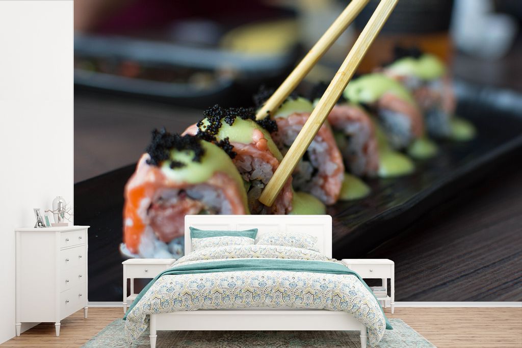 MuchoWow Fototapete für Wohnzimmer oder Schlafzimmer Wandtapete Vinyl Motivtapete Lachs-Sushi mit Stäbchen - 600x400 cm - Vinyltapeten