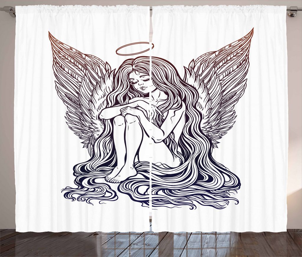 ABAKUHAUS angel Wings Rustikaler Gardine, Langes Haar Mädchen und Halo, Schlafzimmer Kräuselband Vorhang mit Schlaufen und Haken, 280 x 225 cm, D...