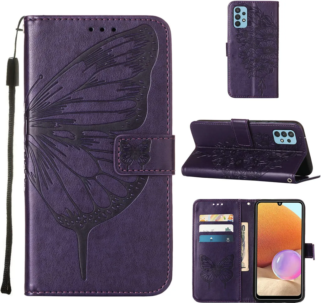 Galaxy A32 4G Case, Butterfly Relief Flip Custodia in pelle con slot per schede e stand per Samsung Galaxy A32 4G Purple - 1