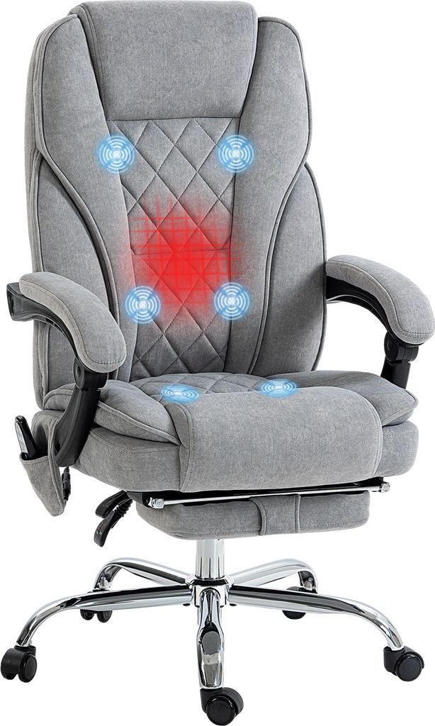 A gray ergonomic office chair with a footrest and massage features.