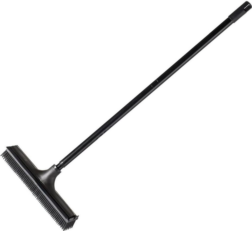 A black broom with a long handle is shown against a white background.