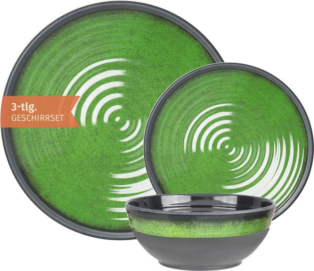 Camping Geschirr Set 1 Person 3-teilig | Melamin | Picknick Geschirrset | Campinggeschirr Stone Green Design