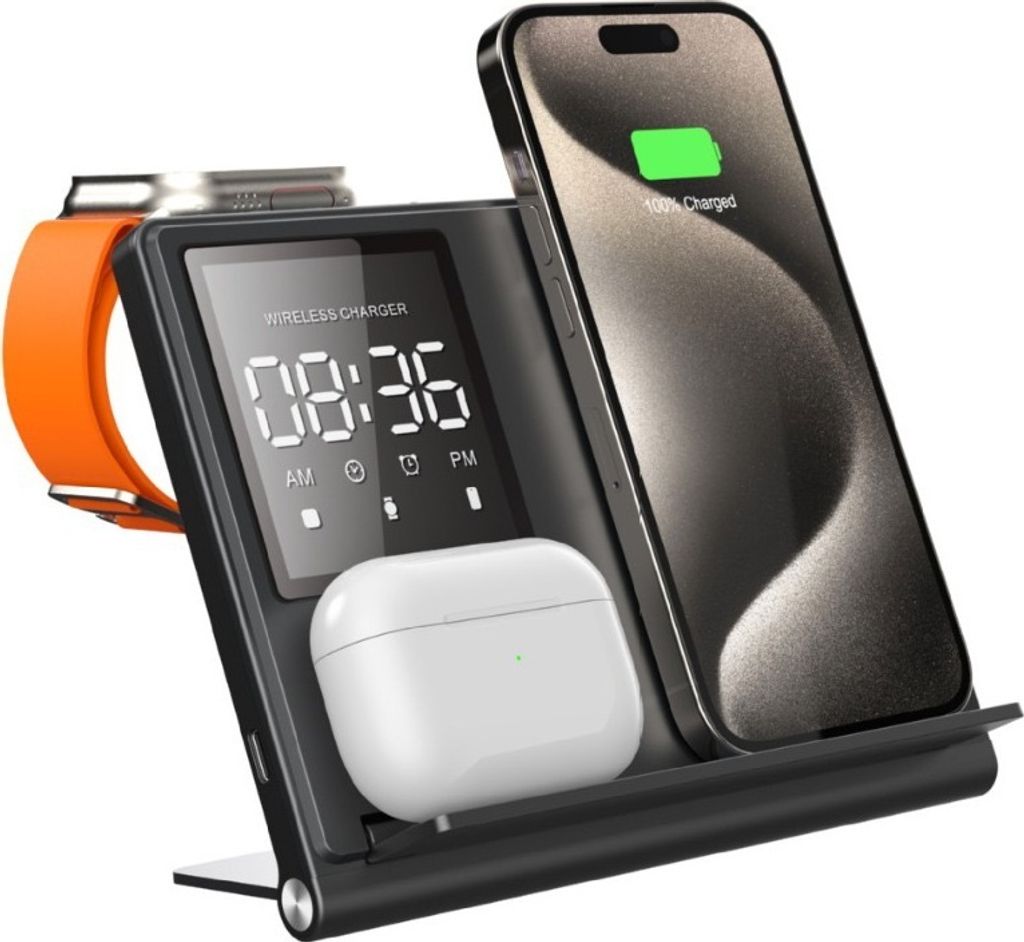 4 -in -1 drahtloses Laden, Wecker, iPhone 15 14 Samsung S23 S22 Galaxy Clock