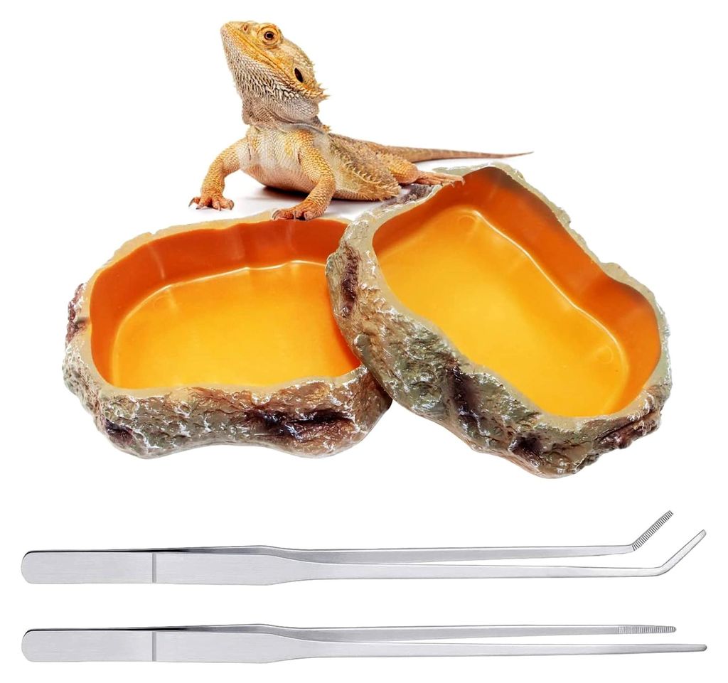 Terrarium Zubehör 2 Stück Wasserschalen und 1 Stück gerade sowie 1 Stück gebogene Pinzette, geeignet für Reptilien, Hamster, Geckos, Vogelspin...