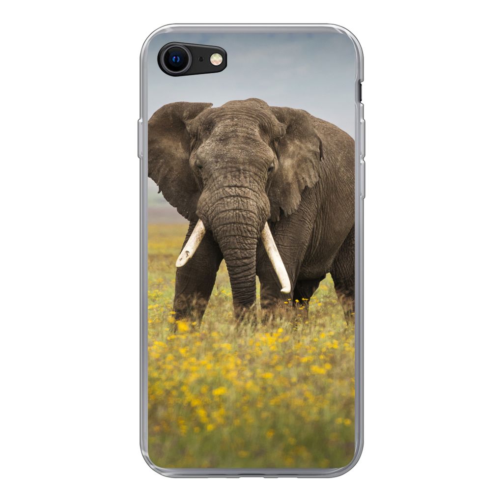 MuchoWow Handyhülle Schutzhülle Hülle für iPhone SE 2020 Elefant - Blumen - Gras - Tiere - Natur Silikon Softcase Handy Hülle - Kartenbesitzer