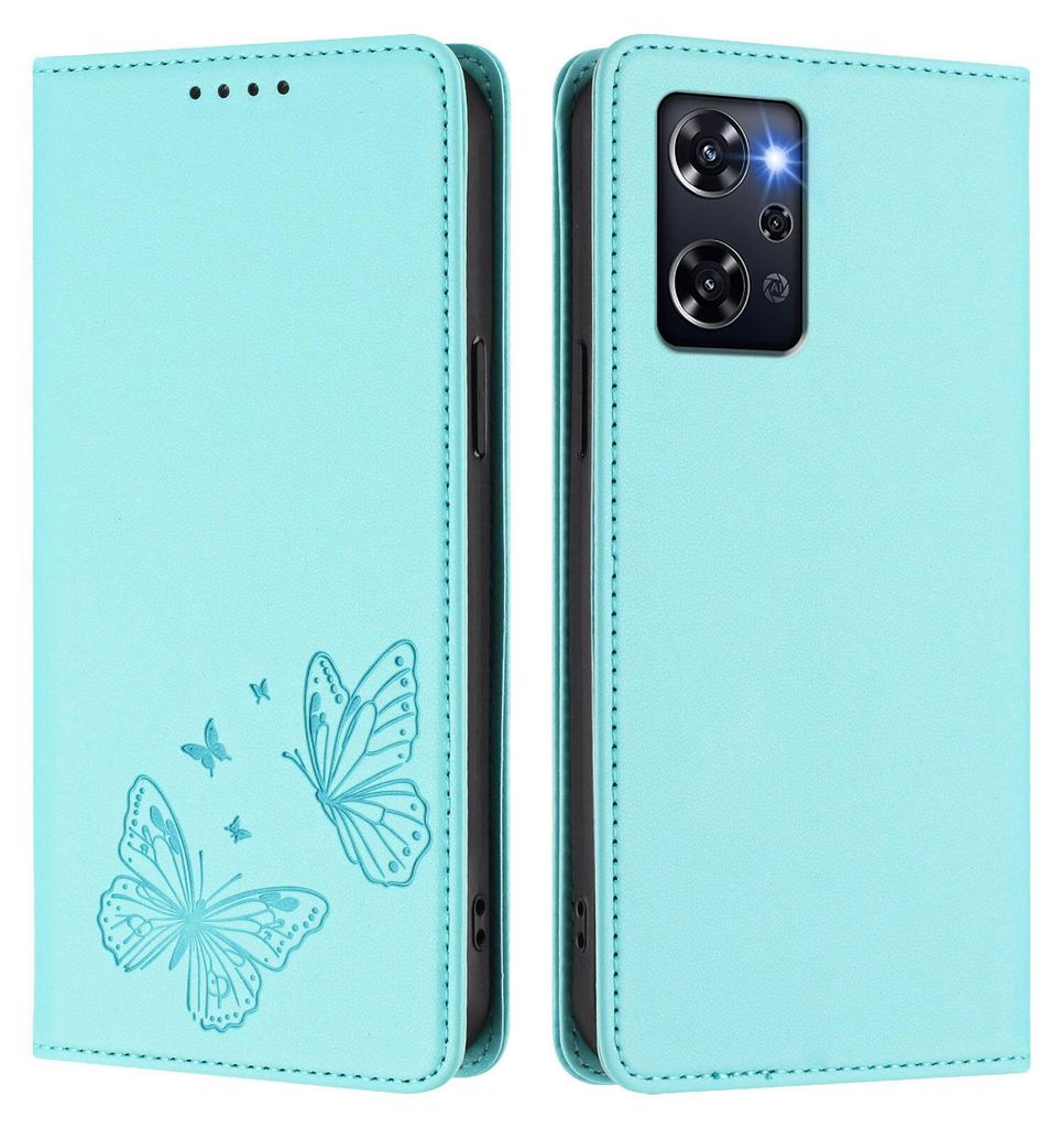 Lederhülle für Oppo Reno9 A, Schmetterling Prägung Leder Brieftasche Schutzhülle mit Ständer Türkis