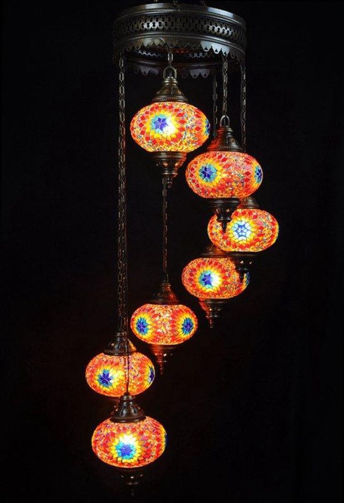 Hanglamp aus Glas im orientalischen Design - Kroonluchter mit 7 bunten Mosaik-Bällen - 135 cm lang