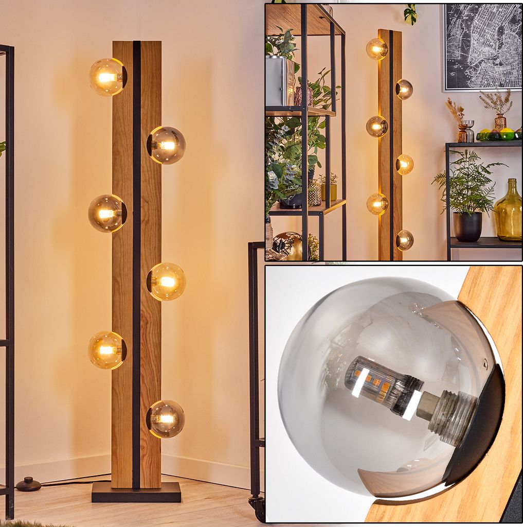 Isorella Stehlampe aus Holz/Metall/Glas in Natur/Schwarz/Bernstein/Rauch