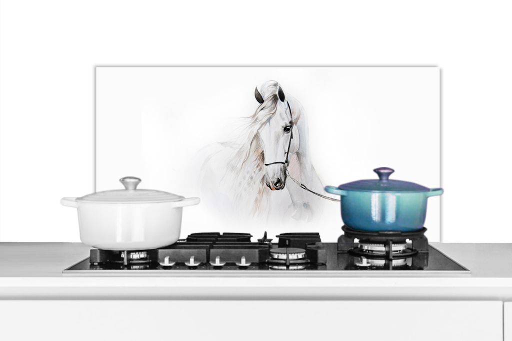 KitchenYeah Spritzschutz Küche - Küchenrückwand - Wandschutz für Herd und Spüle - Pferd - Aquarell - Tiere - Weiß 80x40 - Alu-Dibond (Alter...