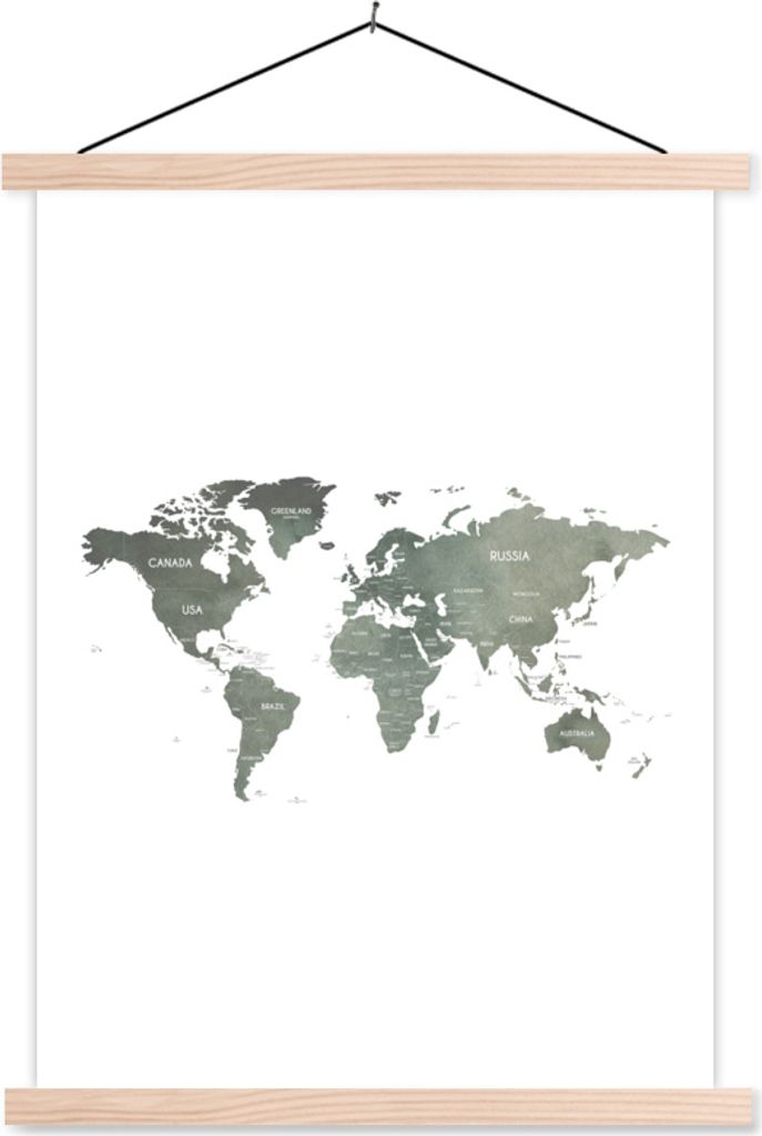 MuchoWow Textilposter Weltkarte - Grün - Länder 120x160 cm mit holzfarbenen Rahmen - Plakatkarton