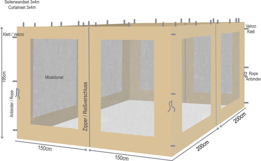 4 Seitenteile mit Moskitonetz für Blätter Pavillon 3x4m Seitenwand Sand