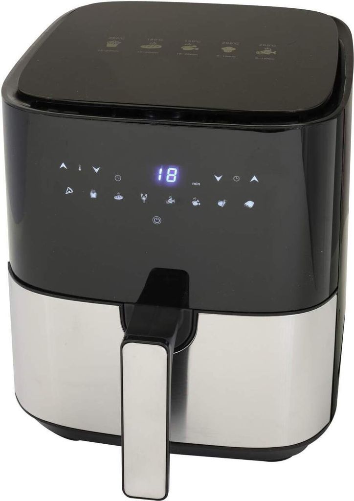 A black and silver air fryer is shown against a white background.