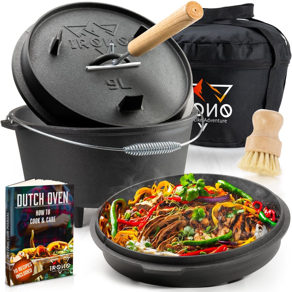 IRONO - Dutch Oven - 9 Liter - Dutch Oven Zubehör Set - Feuertopf - Gusseisen Topf – Gusseisenpfanne - BBQ Topf – mit Deckelheber, Aufbewahrun...