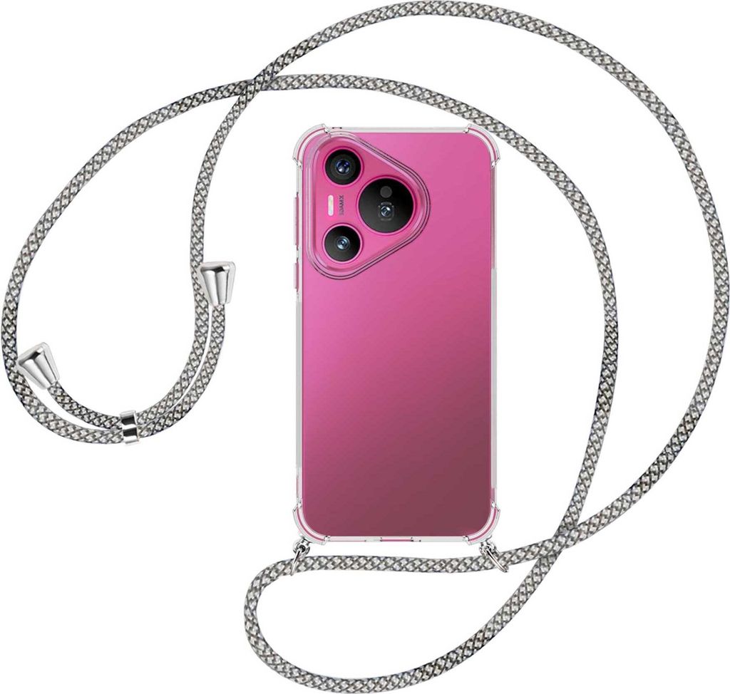 Handykette Backcover-Schutzhülle mit Band (Metall silberfarben) für Huawei Pura 70 - weiß/grau kariert