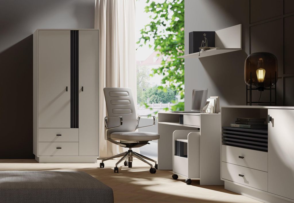 Schlafzimmer set – 5 Teile – Kleiderschrank – Kommode – Schreibtisch – Rollcontainer – Hängeregal – ALLMO System – Kaschmir – Pr...