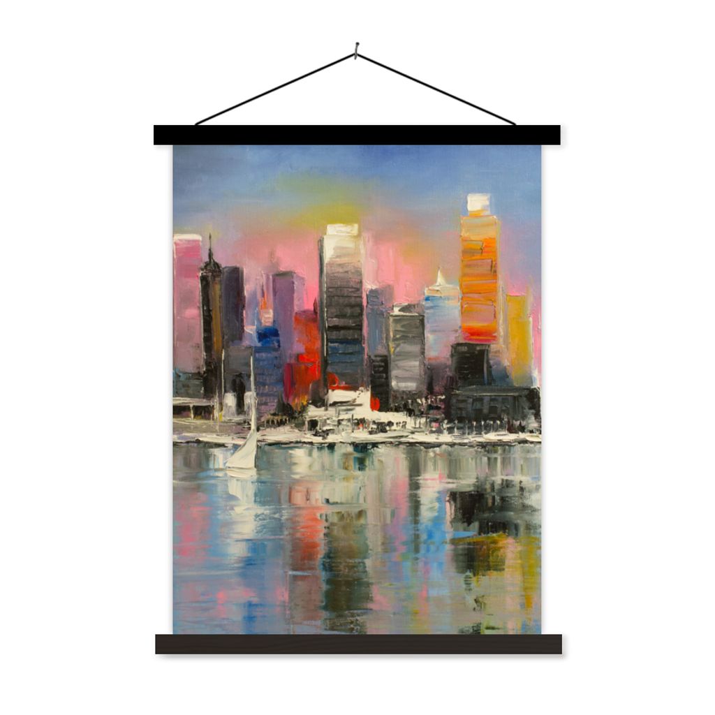 MuchoWow Textilposter Gemälde - Öl - Skyline - Wasser 90x120 cm mit schwarzem Rahmen - Dekoration