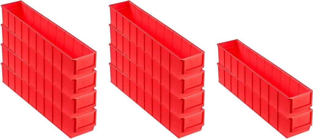 SparSet 10x Rote Industriebox 500 S | HxBxT 8,1x9,1x50cm | 2,8 Liter | Sichtlagerkasten, Sortimentskasten, Sortimentsbox, Kleinteilebox