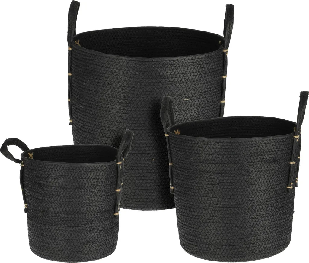 Panier de rangement en papier tressé noir avec poignée - Lot de 3 pièces