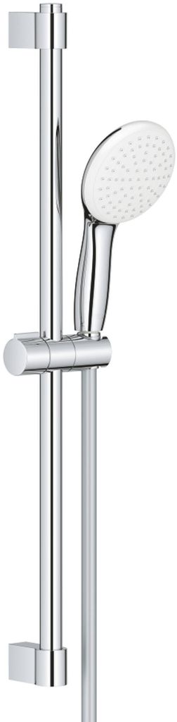A chrome shower rail with a handheld shower head attached.
