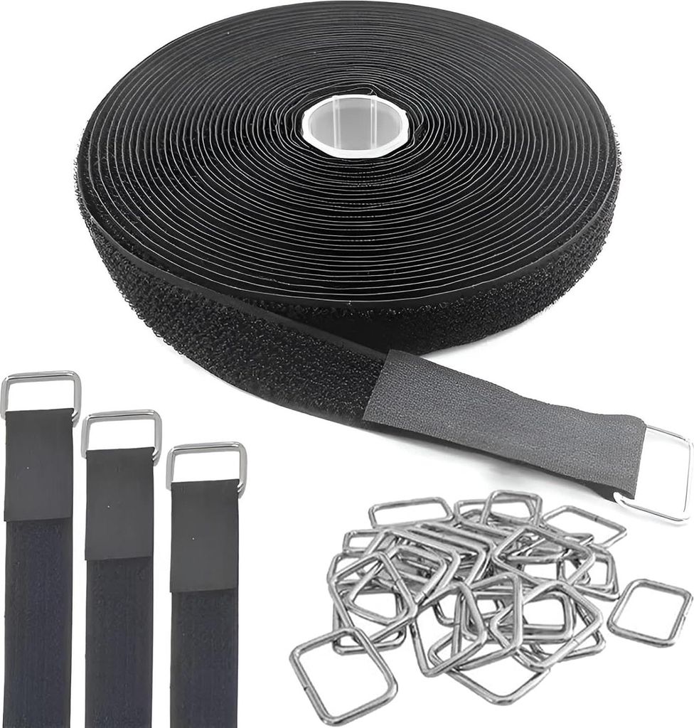 10 m Klett Kabelbinder - Klett Befestigung - Kabelbinder - Klett Band - mit 50 Metall-Schnallen - Frei Schneidbar - zur Organisation Ihrer Kabel - ...