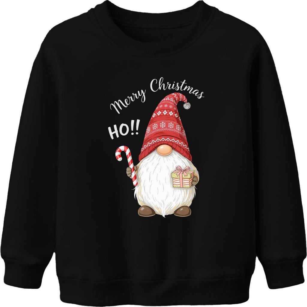 Merry Christmas HO!! Weihnachten Wichtel Gnom Zuckerstange Mütze Uni Kinder Sweatshirt Pullover, Schwarz, 104