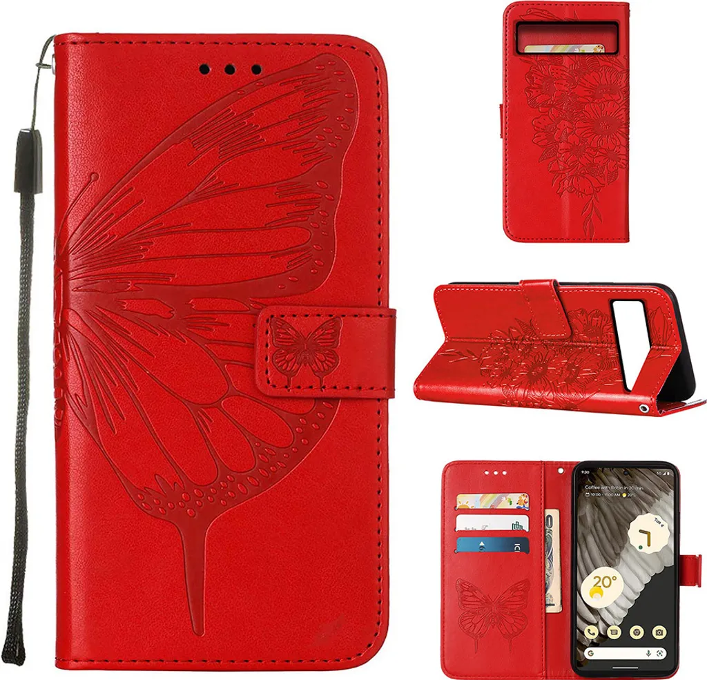 Custodia Google Pixel 8 Rosso Farfalla - Cover Pelle Flip Portafoglio