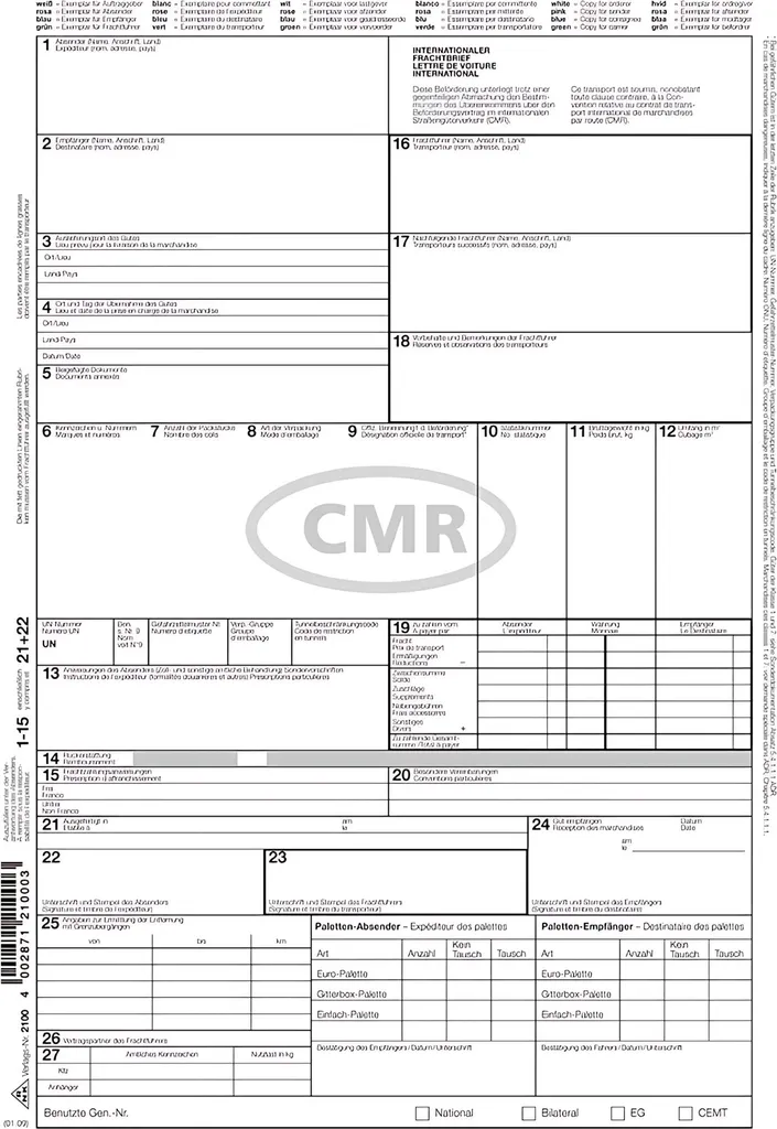 Transport sécurisé avec la lettre de voiture CMR A4 4 feuillets par 50