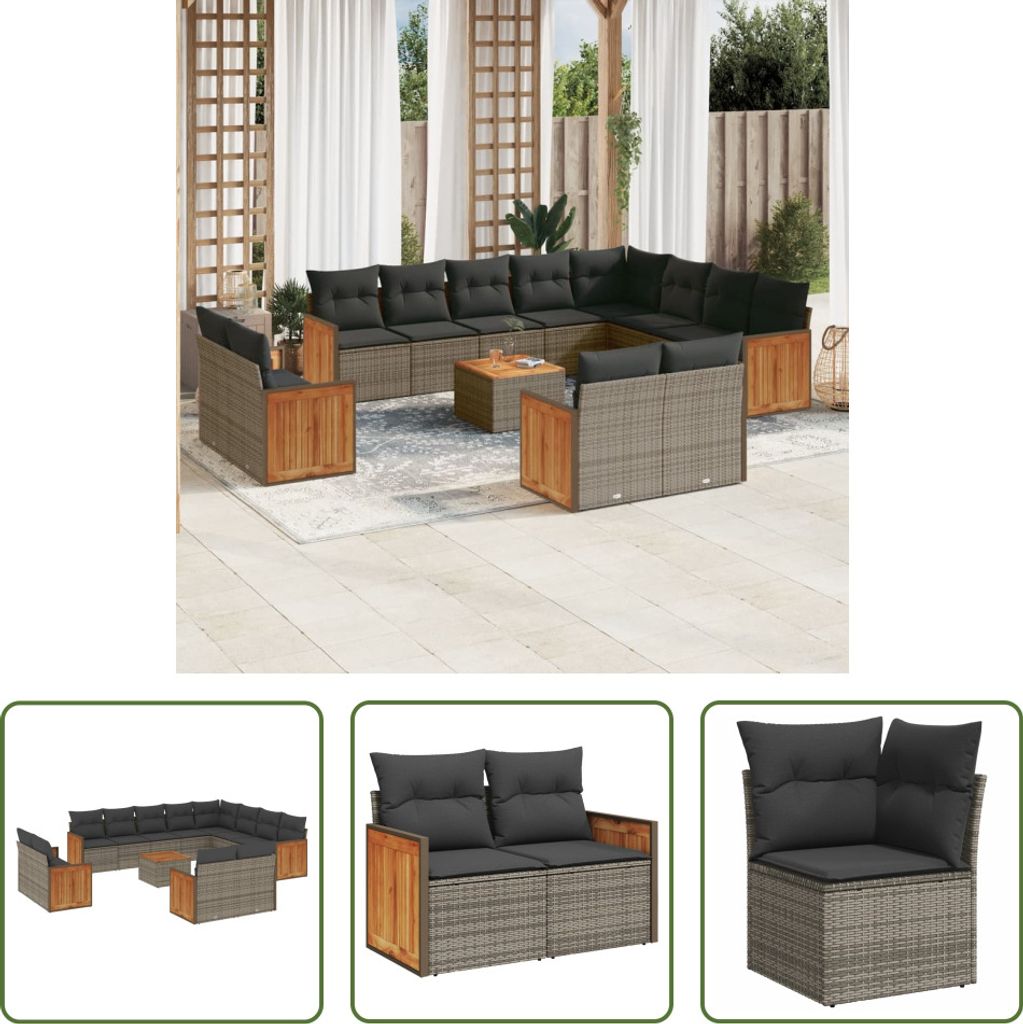 The Living Store 13-tlg. Garten-Sofagarnitur mit Kissen Grau Poly Rattan