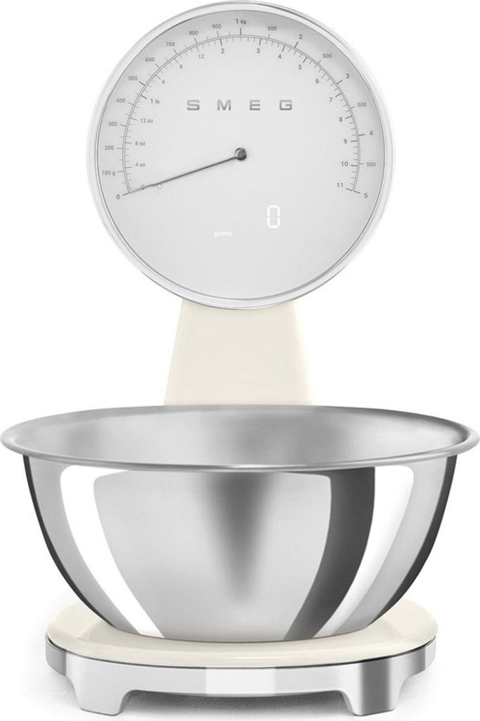 A kitchen scale with a stainless steel bowl.