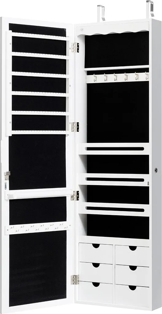 Armoire à bijoux murale avec LED miroir et 6 tiroirs verrouillable blanc
