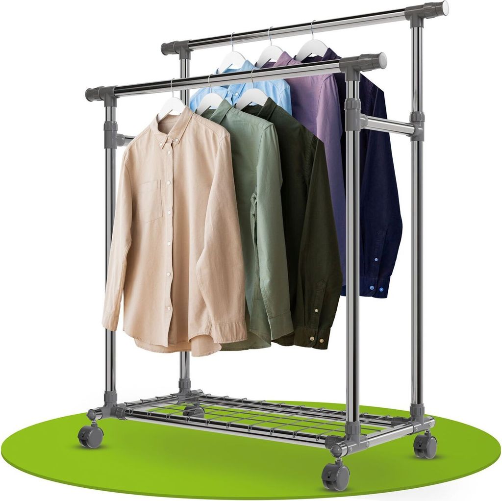 A double-tiered metal clothing rack with wheels, holding several shirts.