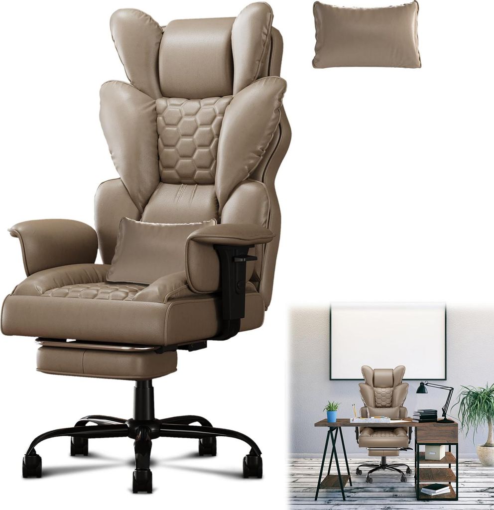 TWOLIIN Chefsessel Ergonomisch Kunstleder Bürostuhl mit Fußstütze, Extra Dickem Sitzkissen & Verstellbaren Armlehnen, Höhenverstellbar 126-136c...