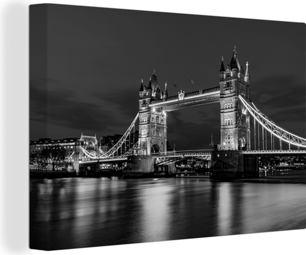 OneMillionCanvasses - Leinwandbilder - 140x90 cm, Tower Bridge beleuchtet am Abend in England - schwarz und weiß, Wandbilder Kunstdruck Wanddeko...