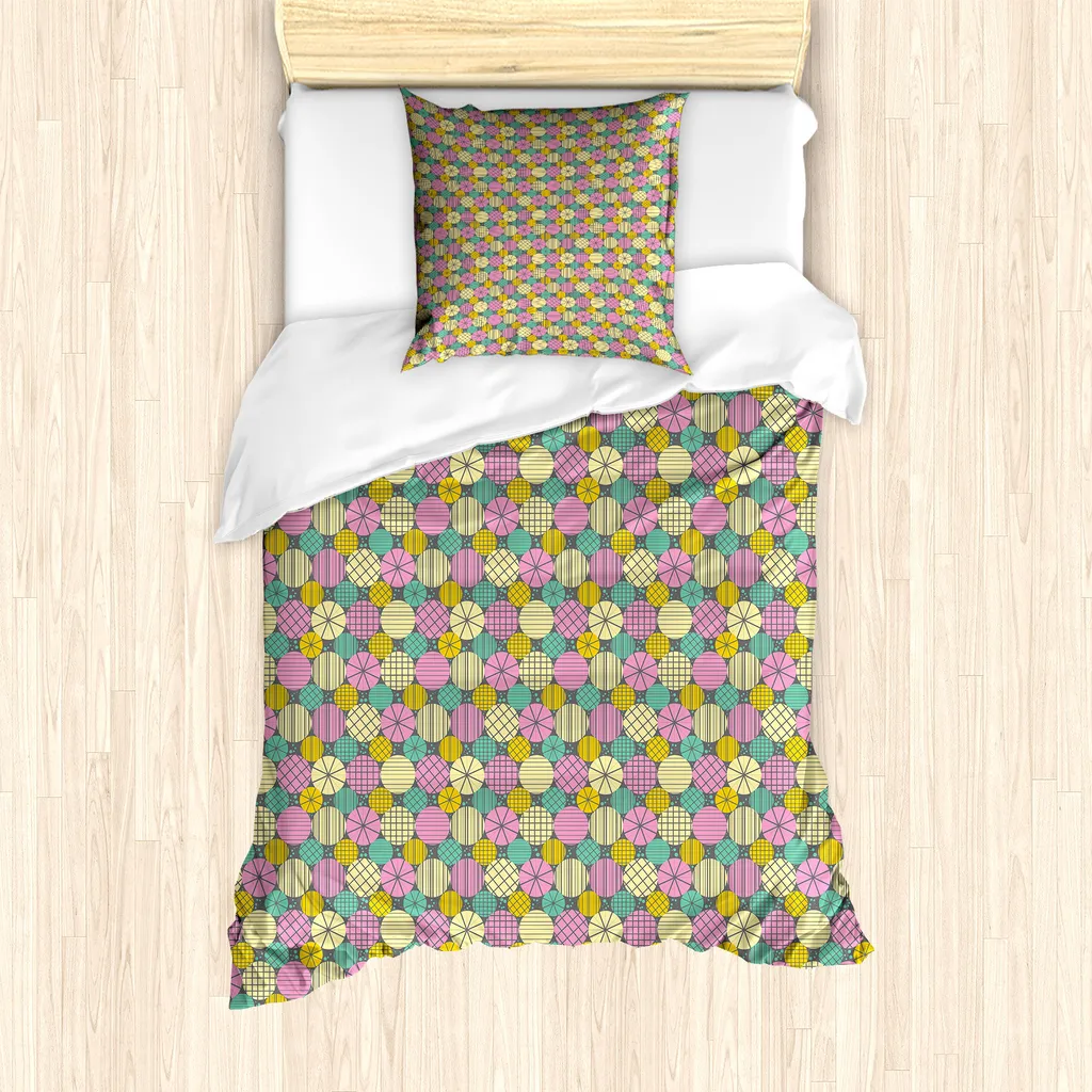ABAKUHAUS Set copripiumino geometrico per letti singoli, motivi decorativi rotondi su sfondo grigio, antiacaro, adatto a chi soffre di allergie, con federa, 135 cm x 200 cm - 80 x 80 cm, multicolore
