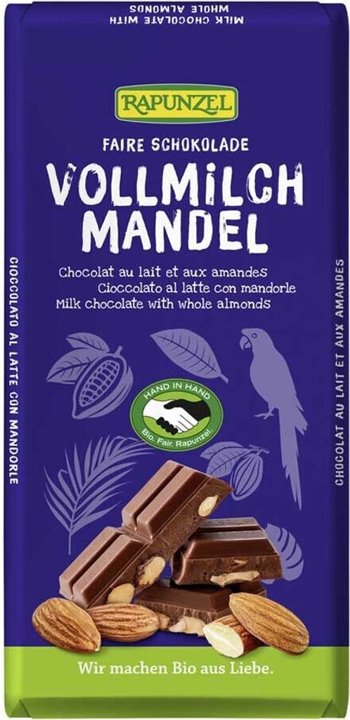 A chocolate bar wrapper with images of chocolate pieces and almonds.