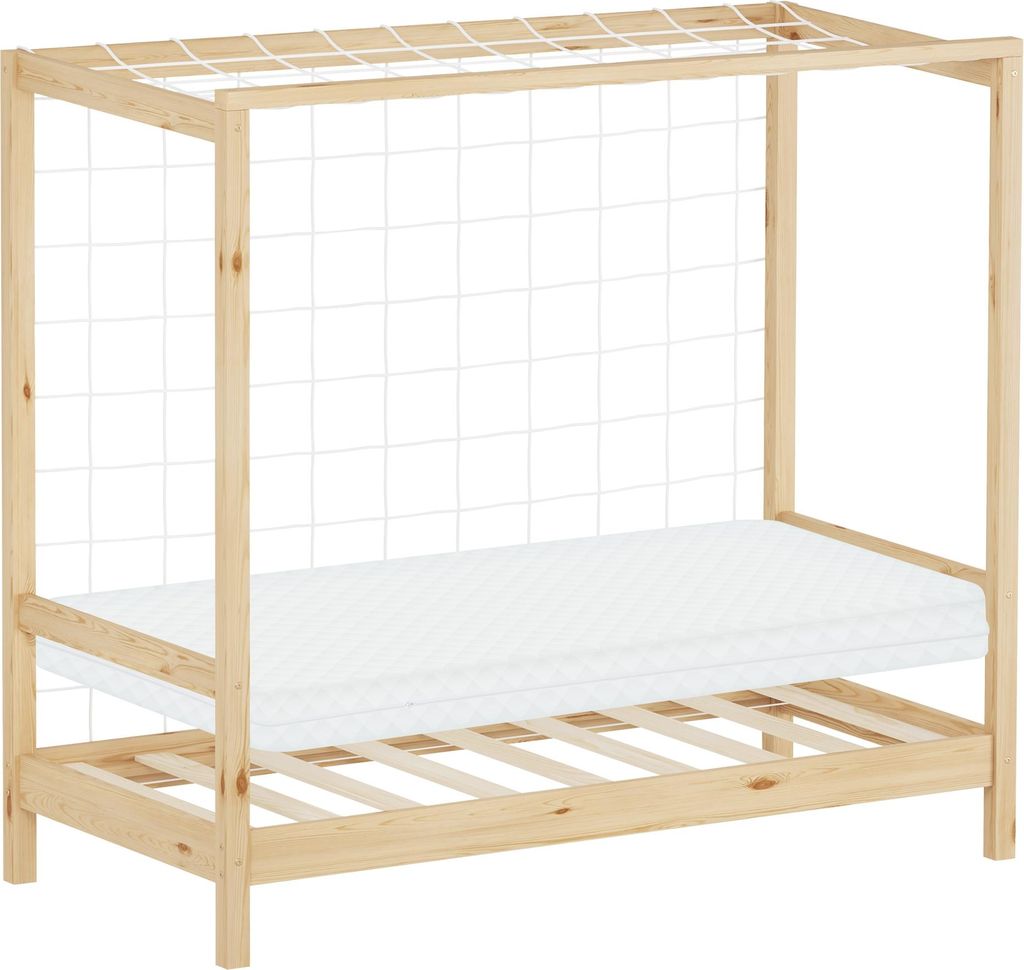 ML-Design Kinderbett Fußballtor 70x140 cm Einzelbett mit Matratze H:10cm Natur Holzbett mit Lattenrost & Netz Jugendbett aus Kiefernholz Handballtor