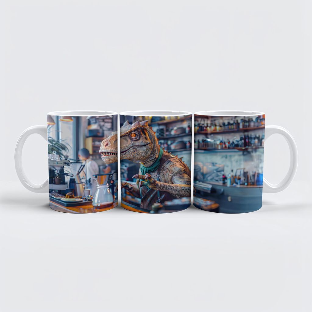 raxxa Premium-Tasse "Dinosaur Barista in a Modern Café"