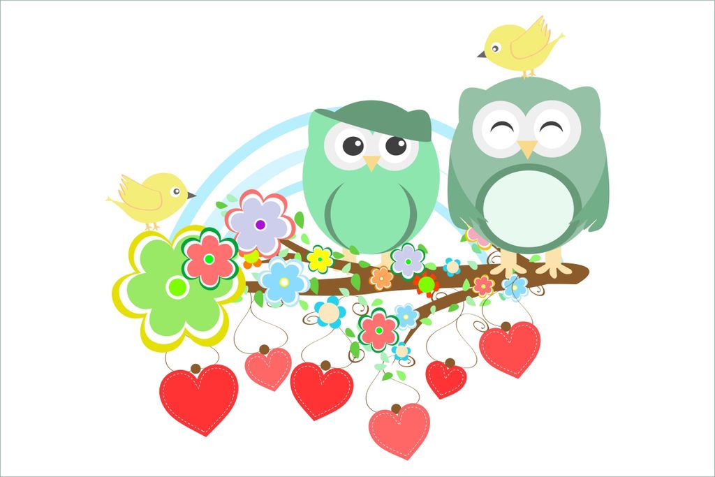 Wallario selbstklebendes Poster - Bunte Eulen mit kleinen Vögeln auf dem Ast, Größe: 61 x 91,50 cm